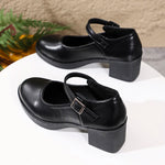 Plus Size 42 Black Thick Heels Pumps Women Classic Pu Leather Platform Mary Jane Shoes Woman Ankle Buckle Office High Heel Shoes