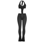 Sexy hot girl solid color see-through slim fit knitted deep V jumpsuit