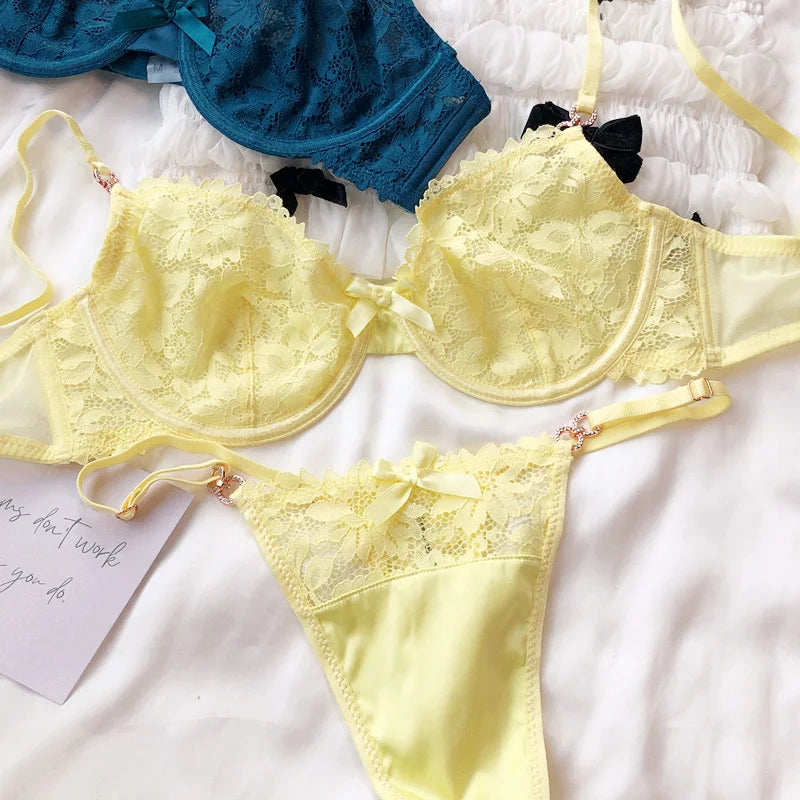 French Ultra Thin Bra Set Sexy Lace Embroidery Women Underwear Luxury Rhinestones Brassiere and Thongs Pink Lingerie 2 Piece Set