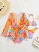2024 New Swimsuit 3 Pcs Set Thong Bikini with Rompers Womens Jumpsuit Beach Wear Print Swimwear Sexy Bathing Suit Pool Beachwear