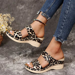 2026 Summer Women's Leopard Print Wedge Sandals Open Toe Slippers Plus Size 44 Comfortable Thick Sole