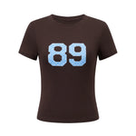 Summer Women Number Letter Print T-shirt Crew Neck Short Sleeve Slim Basic Tee Tops Fitness Sporty Casual Cropped Shirts