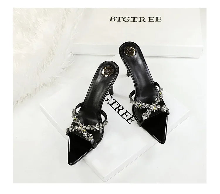 Water Diamond Women's Sandals Summer Cross Band High Heel Slip-On Shoes Leather Material Anti-Slip Rubber Sole Casual Style