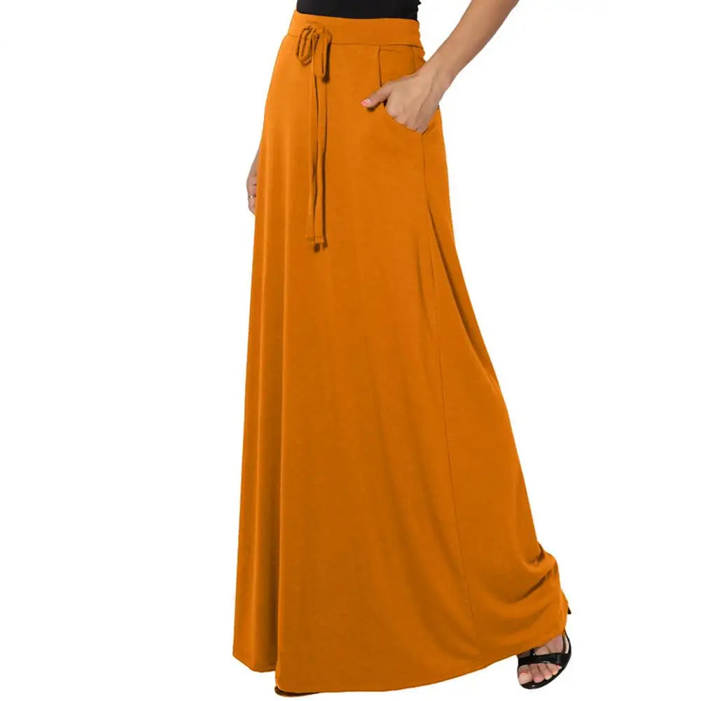 Women Maxi Skirt Adjustable Drawstring High-Waisted Solid Color Long Skirt with Pockets Casual Work Skirt Skirts for women
