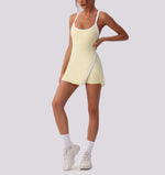 Color Contrast Tennis Dresses Women Beautiful Back Hollow Back Cross Split Skirt Pocket Sports Fitness One-piece Yoga Golf Suit