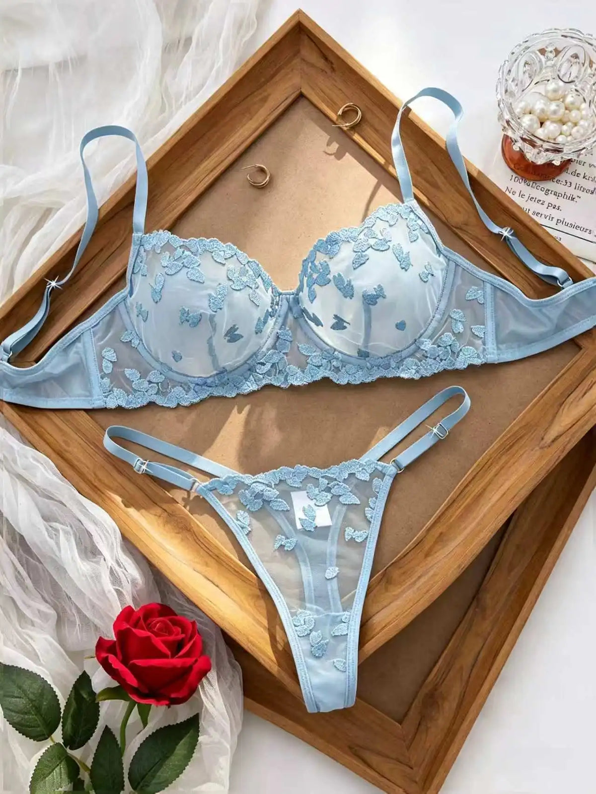 French Style Blue Lace Bra and Panties Set Women Sexy Eyelash Lace Underwear Transparent Mesh Two Piece Lingerie