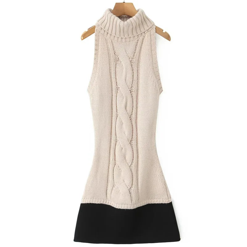 Women's Fashion Patchwork Knitted Dress Knit Sleeveless Dress Bodycon Fit With Contrast Black Hem Cozy Winter Mini Dress CR01