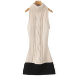 Women's Fashion Patchwork Knitted Dress Knit Sleeveless Dress Bodycon Fit With Contrast Black Hem Cozy Winter Mini Dress CR01
