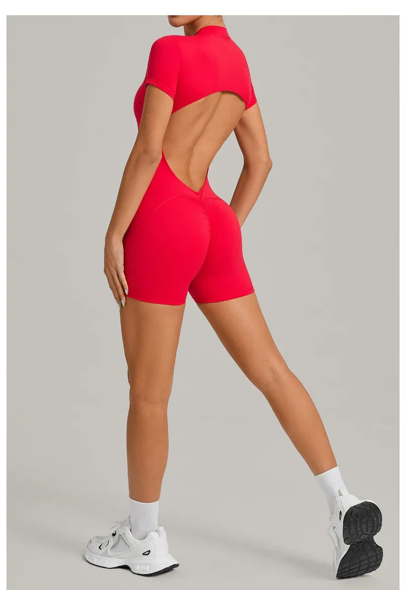Women's Seamless Yoga Jumpsuits Sports Fitness Beauty Back Slim Fit Short-Sleeves One-Piece Workout Gym Training Bodysuits