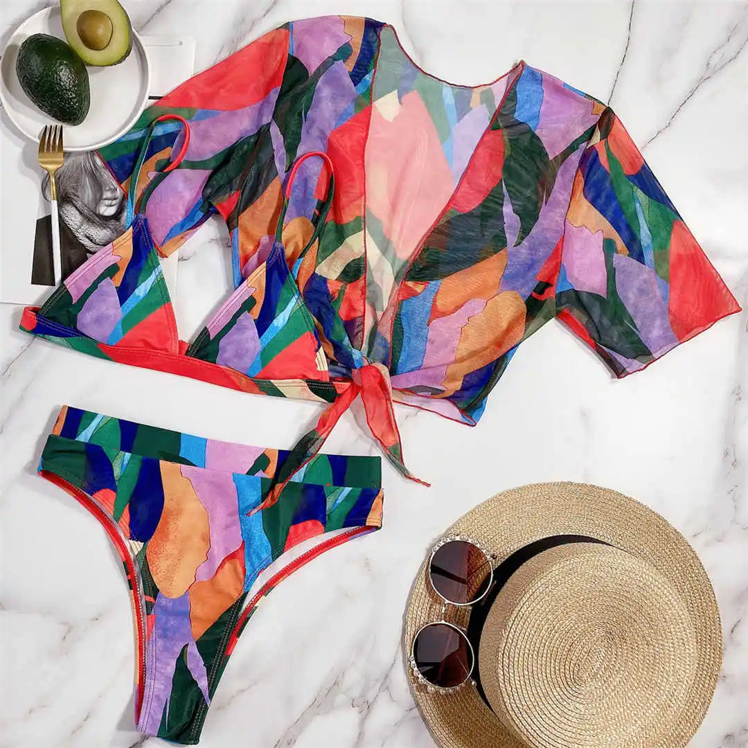 S - XXL Leopard Printed High Waist Bikini Female Swimsuit Women Swimwear Three-piece Bikini set Bather Bathing Suit Swim V2805SW