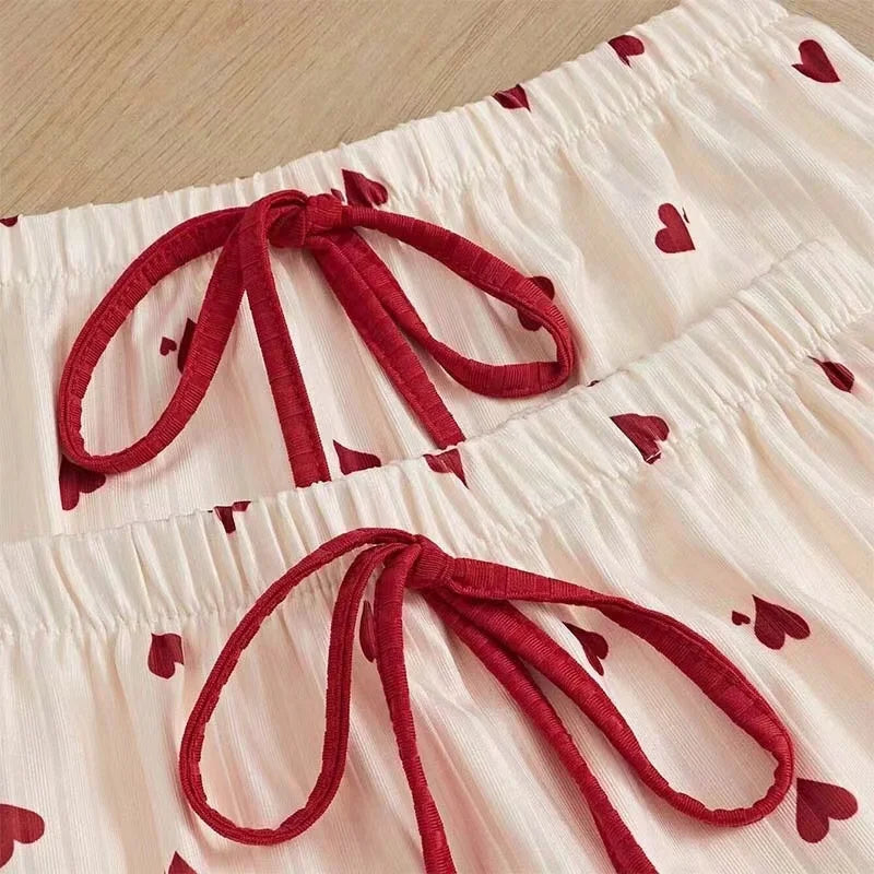 Three Piece Printed Vest Shorts and Bow Drawstring Pants Casual Women's Cute Heart-Shaped Print Paired with Home Pajamas Set