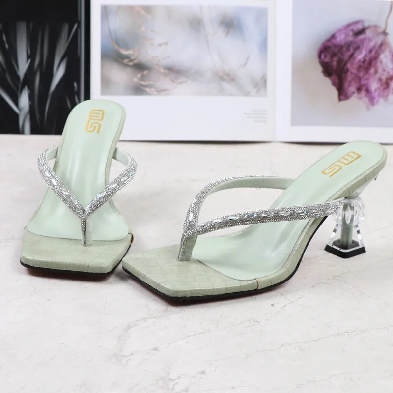 2025 Summer Flip Flops Crystal Slides Women 8cm High Heels Mules Crystal Glitter Block Low Heels Slippers Glitter Platform Shoes