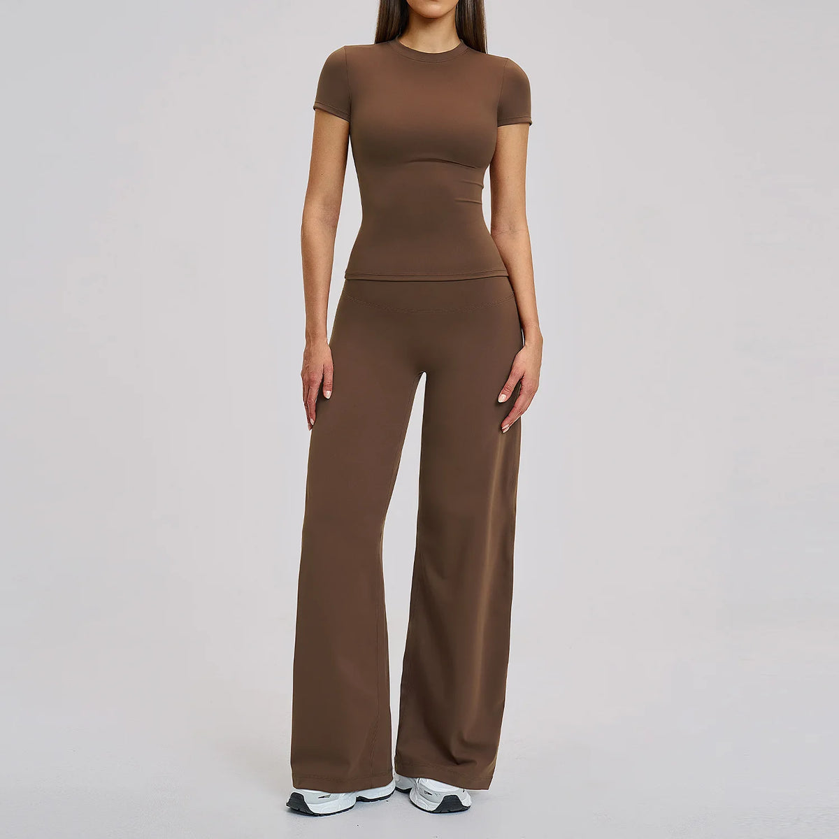 Yoga Set 2 Pieces Women's Tracksuit Short Sleeve O Neck Slim Sports T Shirts High Waist Flare Leggings Gym Running Fitness Suit