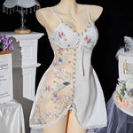 Thin Lace Bow Women's Pajama Dress Embroidered Mesh Transparent Ice Silk Suspender Nightdress Split Sleepwear