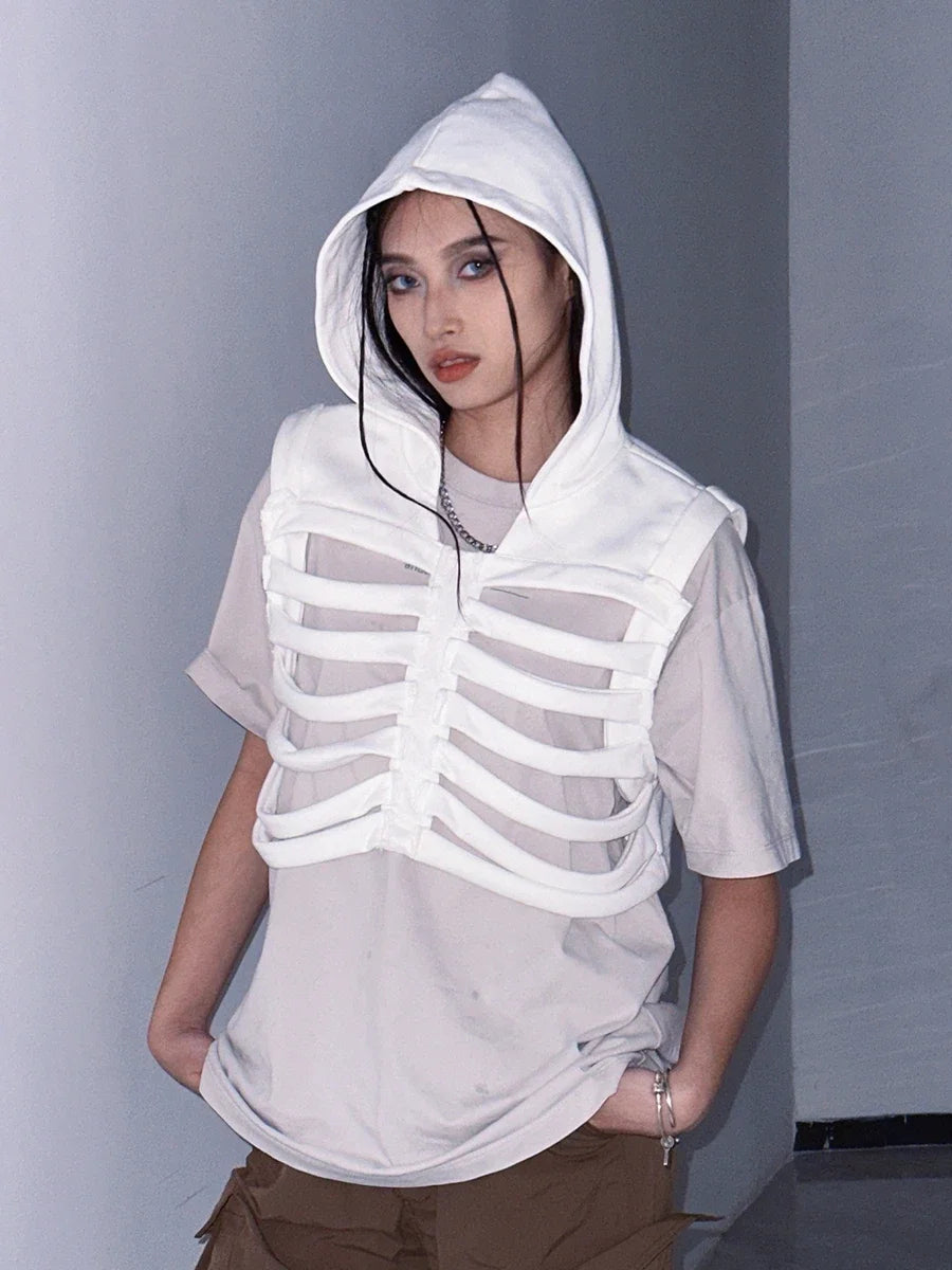 Women Gothic Vest Coat Hollowed Skeletal Gilet Hoodie Sleeveless Hooded Waistcoat Streetwear for Party