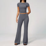 Creamy 2 Pieces Workout Suit Women Yoga Outfits Short Sleeve O Neck Slim Sports T Shirts High Waist Flare Pants Gym Fitness Sets