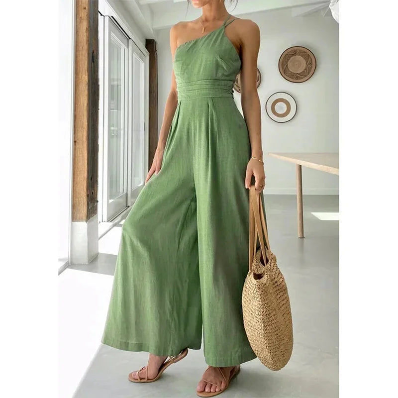 Foridol Waist Folds Backless Double Strap Casual Wide Leg Jumpsuit Long Pants Green 2025 New Female LooseJumpsuit