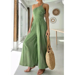 Foridol Waist Folds Backless Double Strap Casual Wide Leg Jumpsuit Long Pants Green 2025 New Female LooseJumpsuit