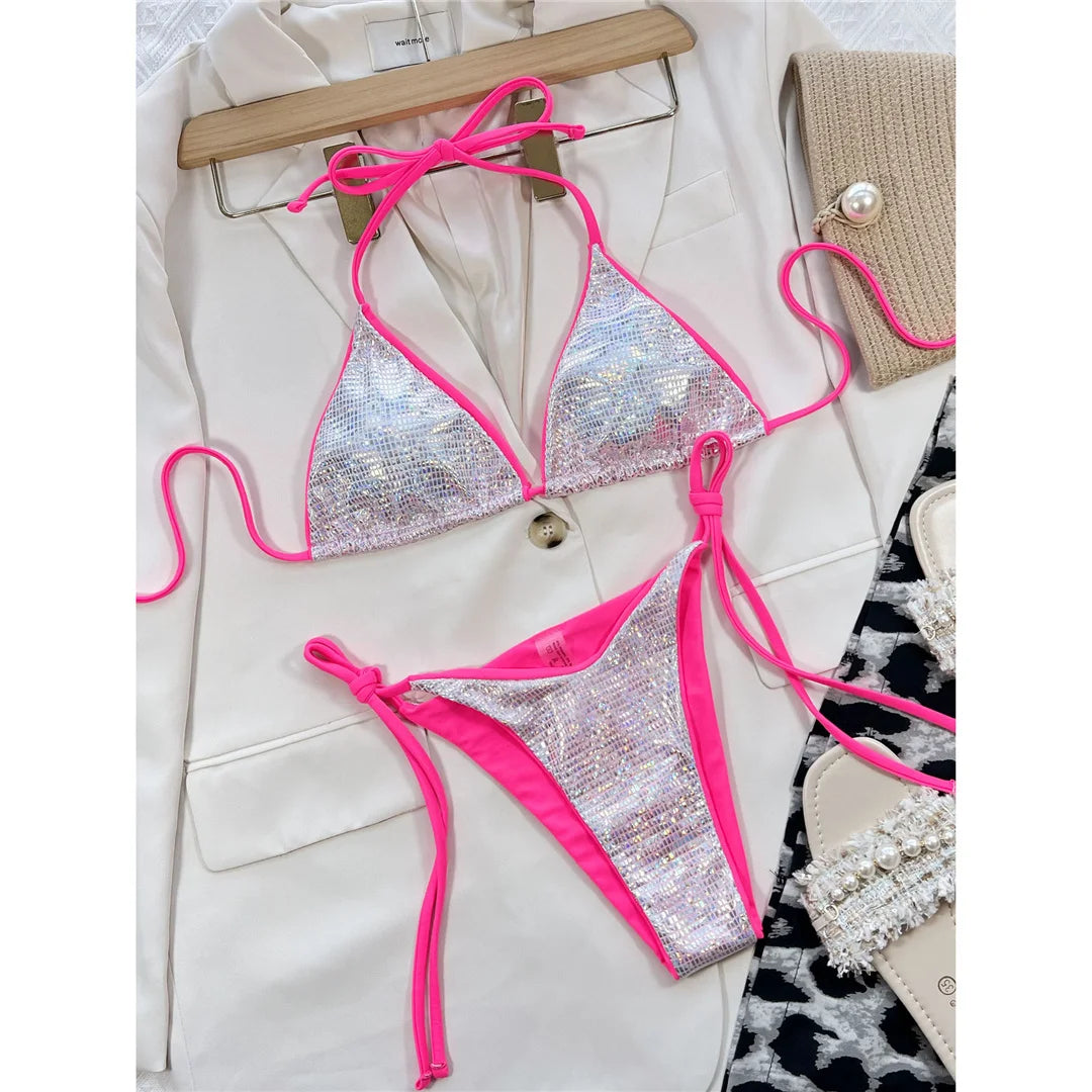 Shiny Sequin Brazilian Cheeky Bikini Women Swimwear Female Swimsuit Two-Pieces Bikini Set Bather Bathing Suit Swim Lady V3861