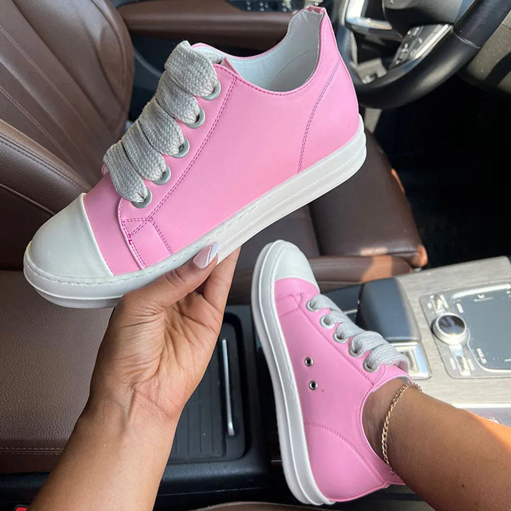 2025 Big Size 44 Women's Platform Skate Shoes Fashion Summer Black Pink Red Lace-up Men Sporty Vulcanize Casual Flat Shoes