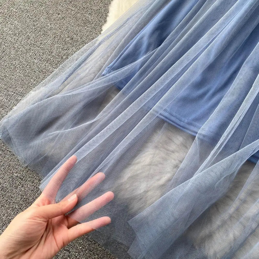 2 Pcs/Set Women Dress Suit Floral Embroidery See-through Lace Lantern Sleeves Pleated A-line Elastic Waist Dress Slip Dress Suit