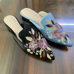2026 Big Size 43 Summer Women's Blue Mules Slipper Sandals with Silk Flowers Embroidery Comfy Walking Slide Flat Satin Shoes