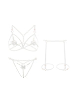 5 Colors Women Black Lace Lingerie Set Strappy Bra Panty Garter Belt Pearl Chain Rose Applique Adjustable Harness Nightwear
