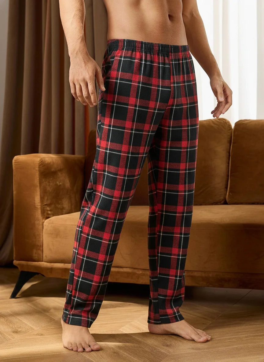 Men's High-Waisted Check Pajamas Pants Loose Fit Stylish Sleep Bottoms Home Wear Long Pants for Spring and Autumn