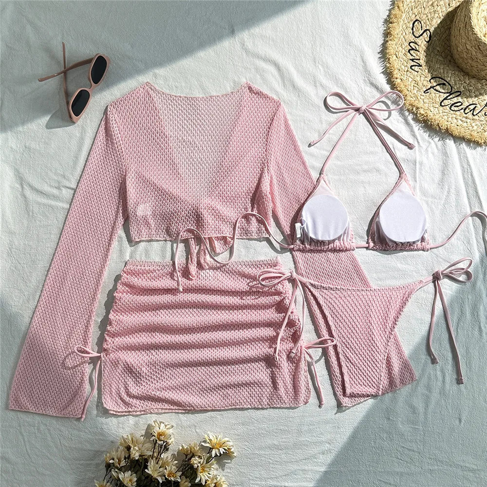 Beige Mesh Halter String Triangle Micro Thong Bikinis Sets 4 Pieces Long Sleeve Cover Ups Sexy Swimsuit Women Holiday Swimwear