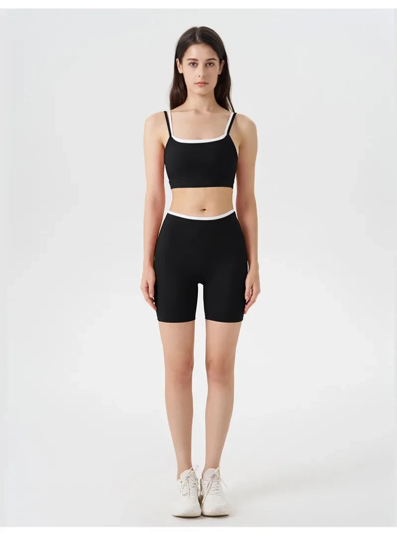 Women's 2-piece Yoga Set Fake Two-Piece Color-Block White Stripe Camisole Running Sports Bra Shorts Yoga Outfit Set