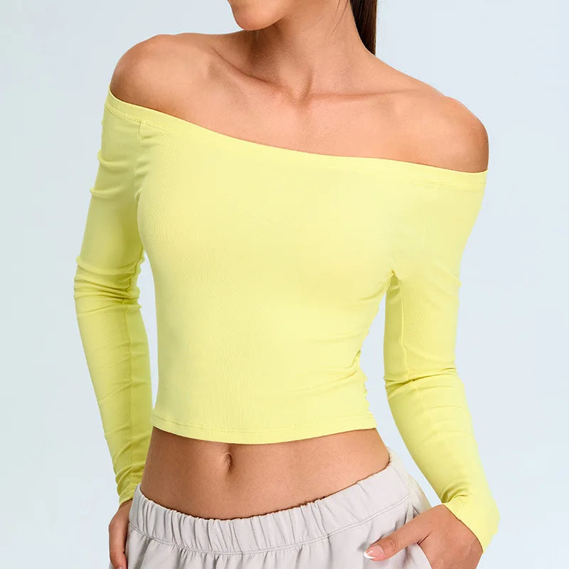 Women Yoga T-shirts Solid Sports Top Off Shoulder Long Sleeve Gym Workout Running Shirts Sexy Quick Dry Fitness Gym Sport Wear