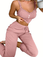 Women’s Summer Lace Trim Pajama Set, Ribbed Cami Top and Long Pants, Soft Casual Loungewear Sleepwear for Ladies