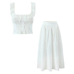 Summer Women White Cotton Dress Set 2025 Top+skirt 2 Pcs Outfit Ruffles Button Slim Top A-line Maxi Skirt Beach Casual Dress