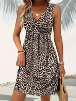 Summer Style Leopard Print Mini Dress Women Fashion Vacation Elegant Vintage V-neck Sleeveless Vestidos Nightclub Party Dresses