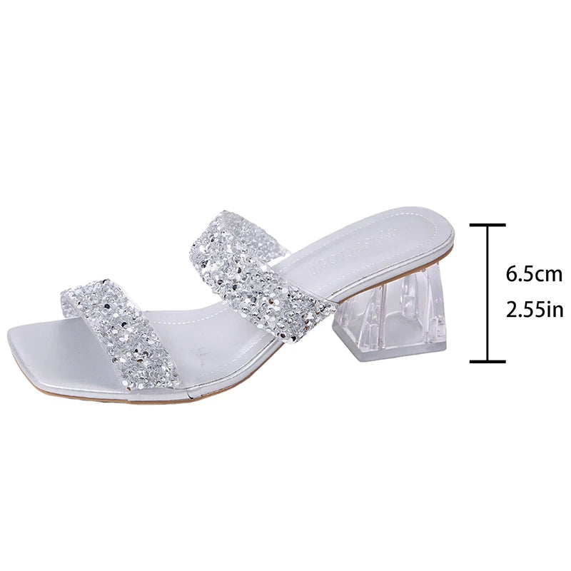 Shiny Sequins High Heels Sandals Women Plus Size 43 Square Toe Transparent Heel Slippers Woman Slip On Gold Crystal Party Shoes