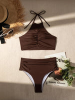 Sexy Halter Pleate Bikini Set 2025 Women Coffee Push Up Crop Top with High Waist Swimsuit Summer Holiday Bathing Suit Swimwear