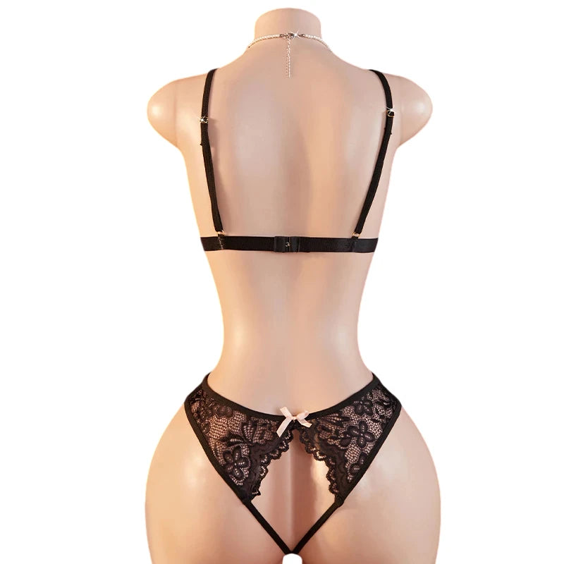 Teddy Transparent Lace Lingerie Deep V Open Bra Lingerie Women Erotic Exposed Breast Hot Dress Babydoll Open Croth Bodysuit Set