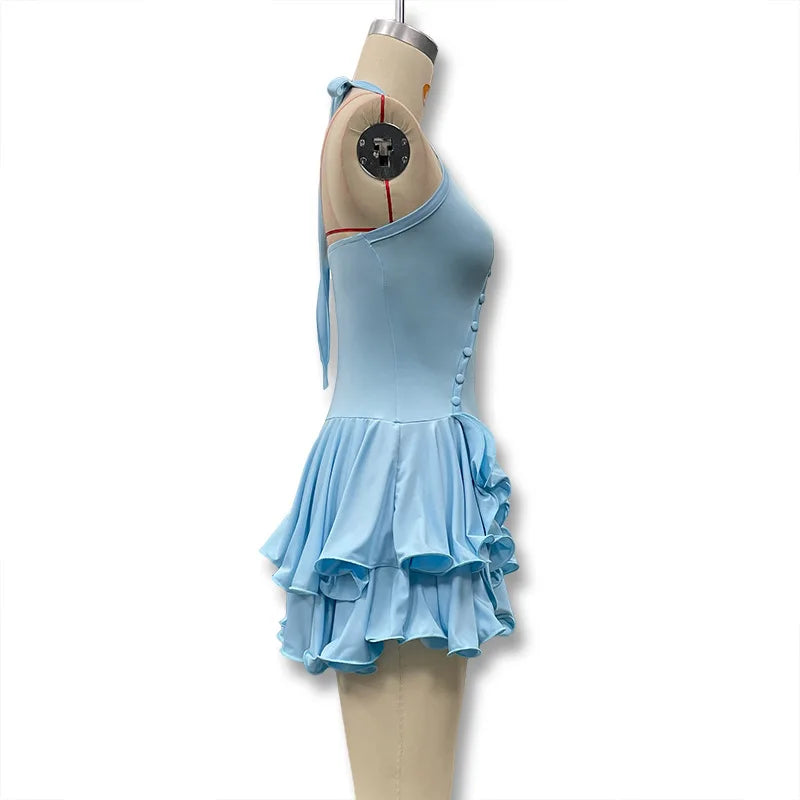 Hot Girl Slim Halter Neck Mini Dress Solid Color V-neck Single-breasted Layered Ruffles Bodycon Short Dresses Fashion Female New