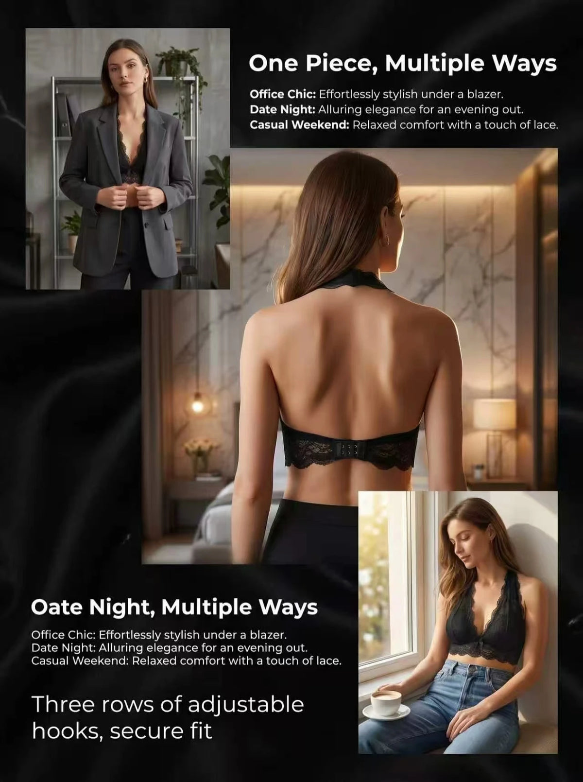 Women's Black Lace Halter Bralette Front Clasp V-neck Sheer Wireless Bra Sexy Elegant All-over Lace Lounge Top A563