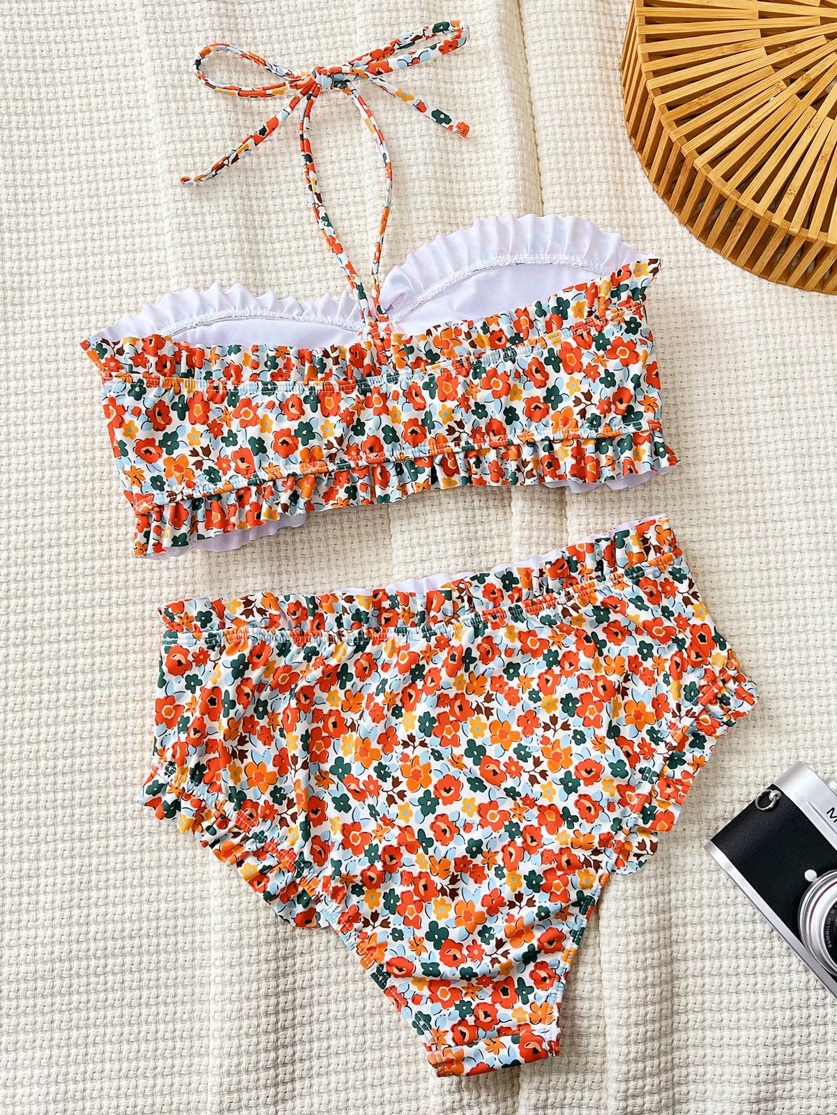 sexy ruffles floral print bandeau bow bikinis sets two pieces high waist swimsuit Swimwear bathing suit beach outfits biquini
