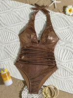 SnakeSkin Halter V Neck Backless One Piece Swimsuit Women Monokini Female Swimwear High Cut Bathing Suit Swim Bodysuit Beachwear