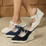 2025 Women's Sandals Spring Pointed Toe Wedge Heel Shoes Thick Soled High Heel Hollow Women's Shoes Straw Hemp