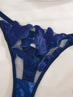 Navy Blue Floral Embroidery Satin Lingerie Set Sheer Mesh Underwire Bra & Thong Women Sexy Underwear