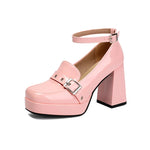 Plus Size Smooth Patent Leather Instep Metal Belt Square Buckle Platform High Thick Heel Ankle Buckle Sweet Lolita High Heels