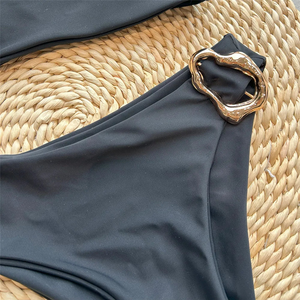 Dark Brown One Shoulder Solid Swimwears Sexy Swimsuit Women One Piece 2026 Hollow Out Monokini Metal Ring Bathing Suit Bodysuit