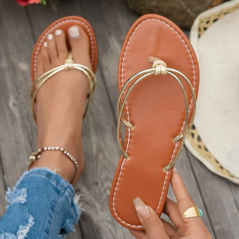 2026 Fashion Solid Color Casual Slippers Summer Comfortable Silver Gold Women's Shoes Beach Home Flat Simple Women's Slippers