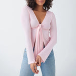 Women's Spring Summer Slimming Crop Tops Long Sleeve V Neck Tie Up Solid Color Trendy T-shirt
