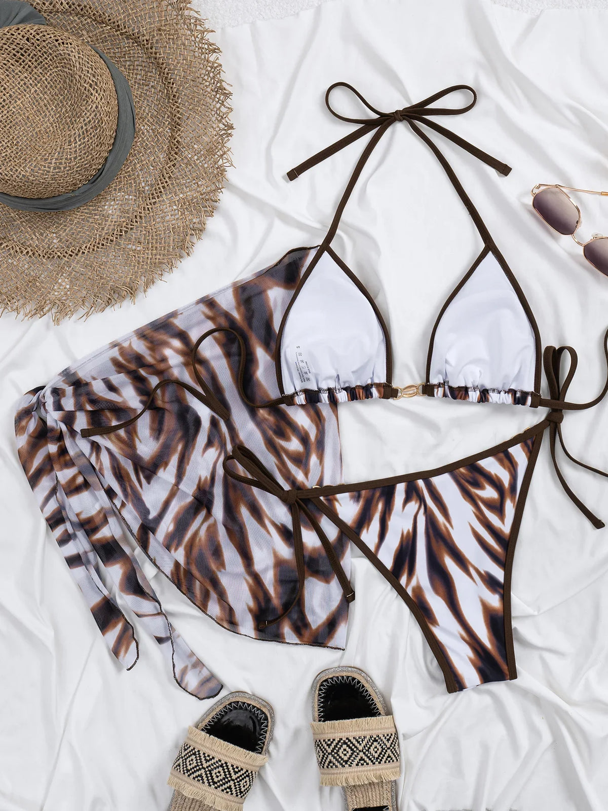 Sexy Coffee Tie Dye Bikini Set 2026 Women Metal Chain Push Up Thong Swimwear Bathing Suit Holiday Cover Up 3 Piece Swimsuit
