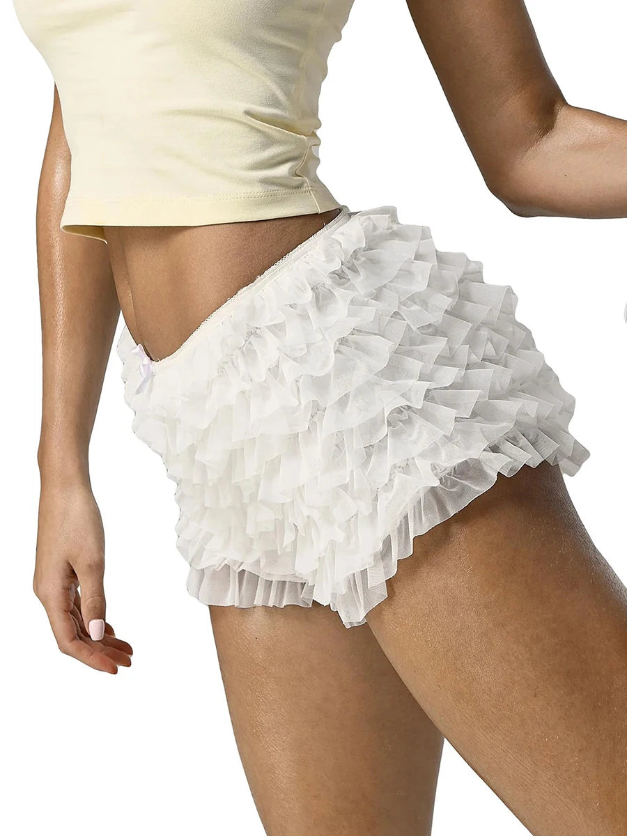Womens Solid Color Lace Mesh Shorts Tiered Ruffled Bow Elastic Waistband Summer Leisure Lounge Short Pants