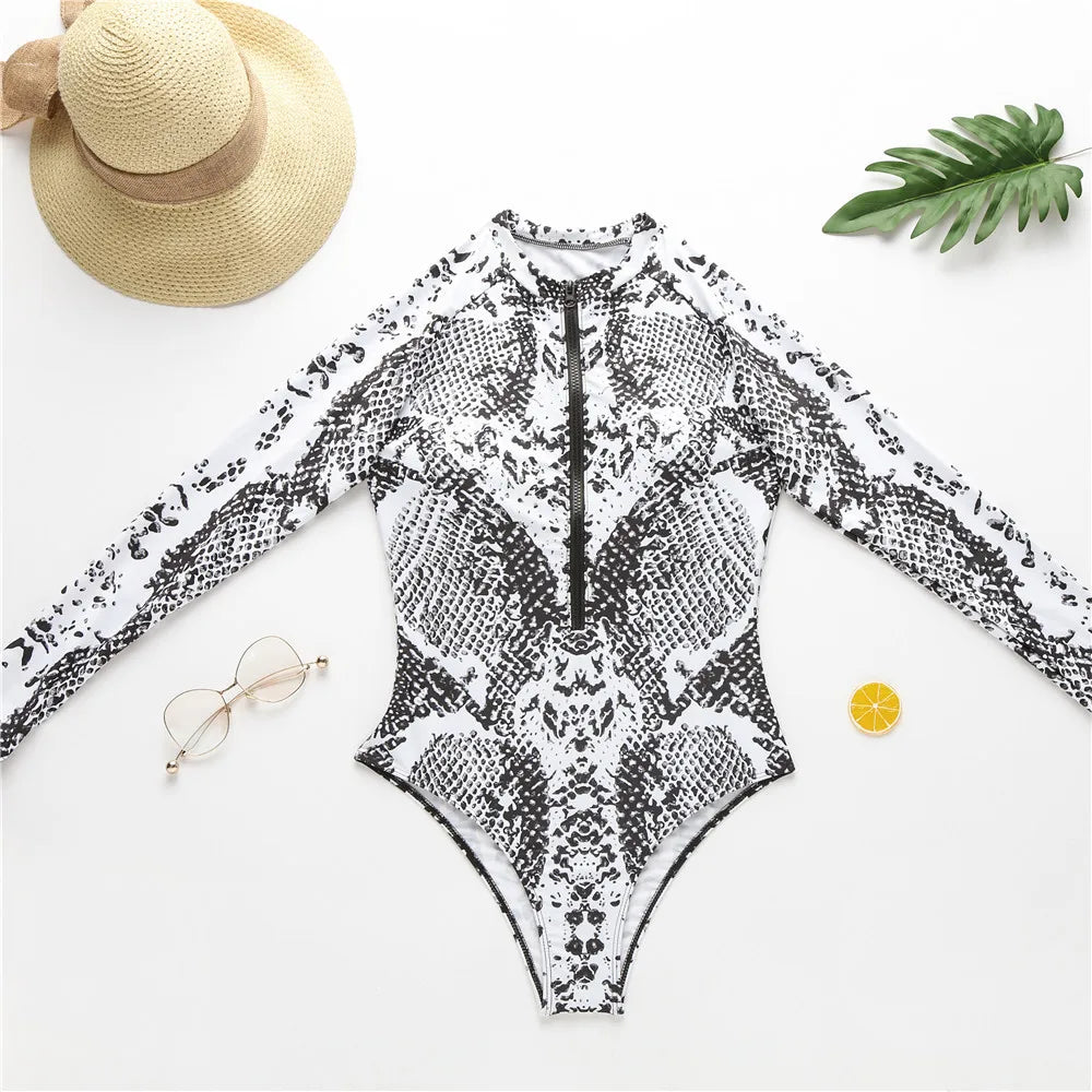 2026 New Sexy Print One Piece Swimsuit Women Swimwear Monokini Long Sleeve Bathing Suit Female Bodysuit Surfing Swim Wear Beach